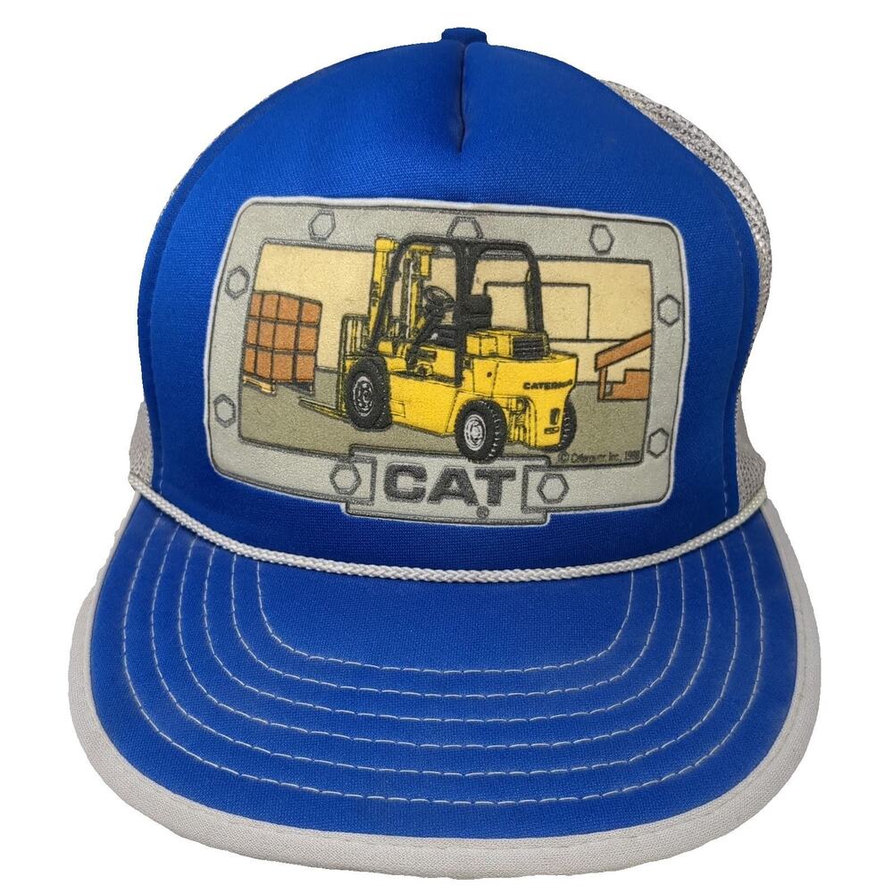 Caterpillar Trucker Hat Blue Forklift Snapback Mesh Rope Tonkin Inc Vintage 90's